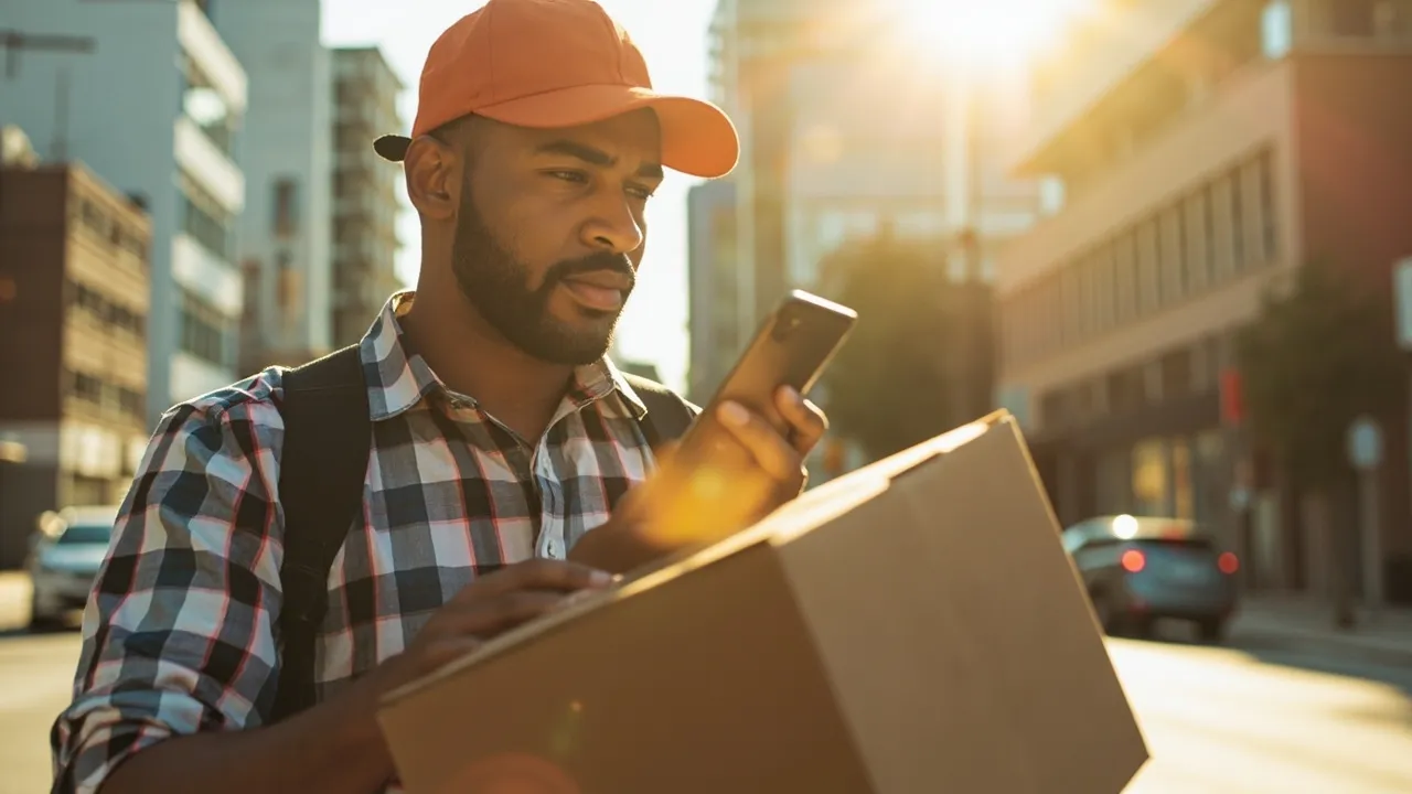 Symbolbild: Kurier scannt ein Paket bei Tageslicht mit einem Handheld-Geraet